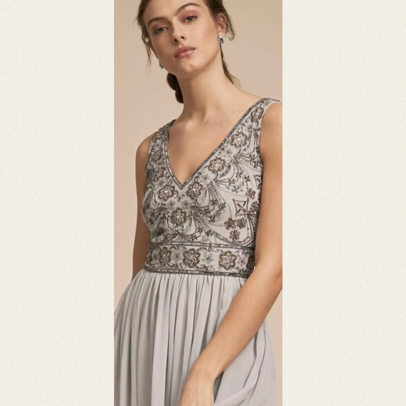 New BHLDN Mischa 12 | Lg Blue Grey Embellished Bodice Chiffon Maxi Gown - Picture 6 of 9